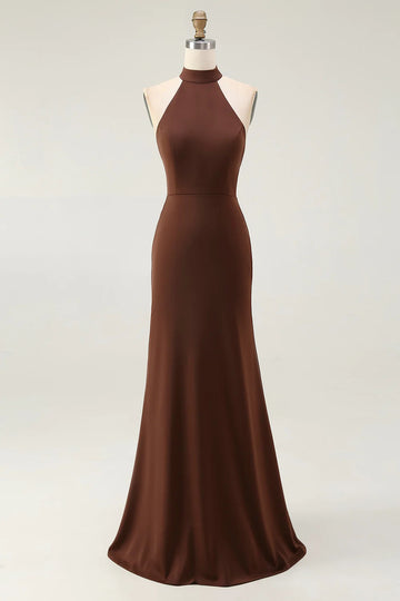 Simple Coffee Satin Halter Mermaid Long Formal Dress